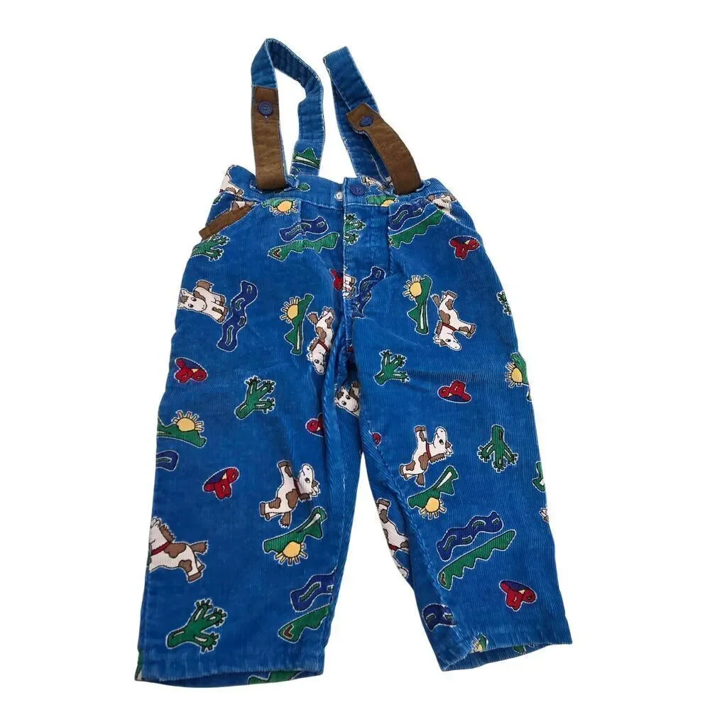 Vtg Oshkosh Corduroy Western Horse Suspender Pants Size 18 Months Overalls Blue